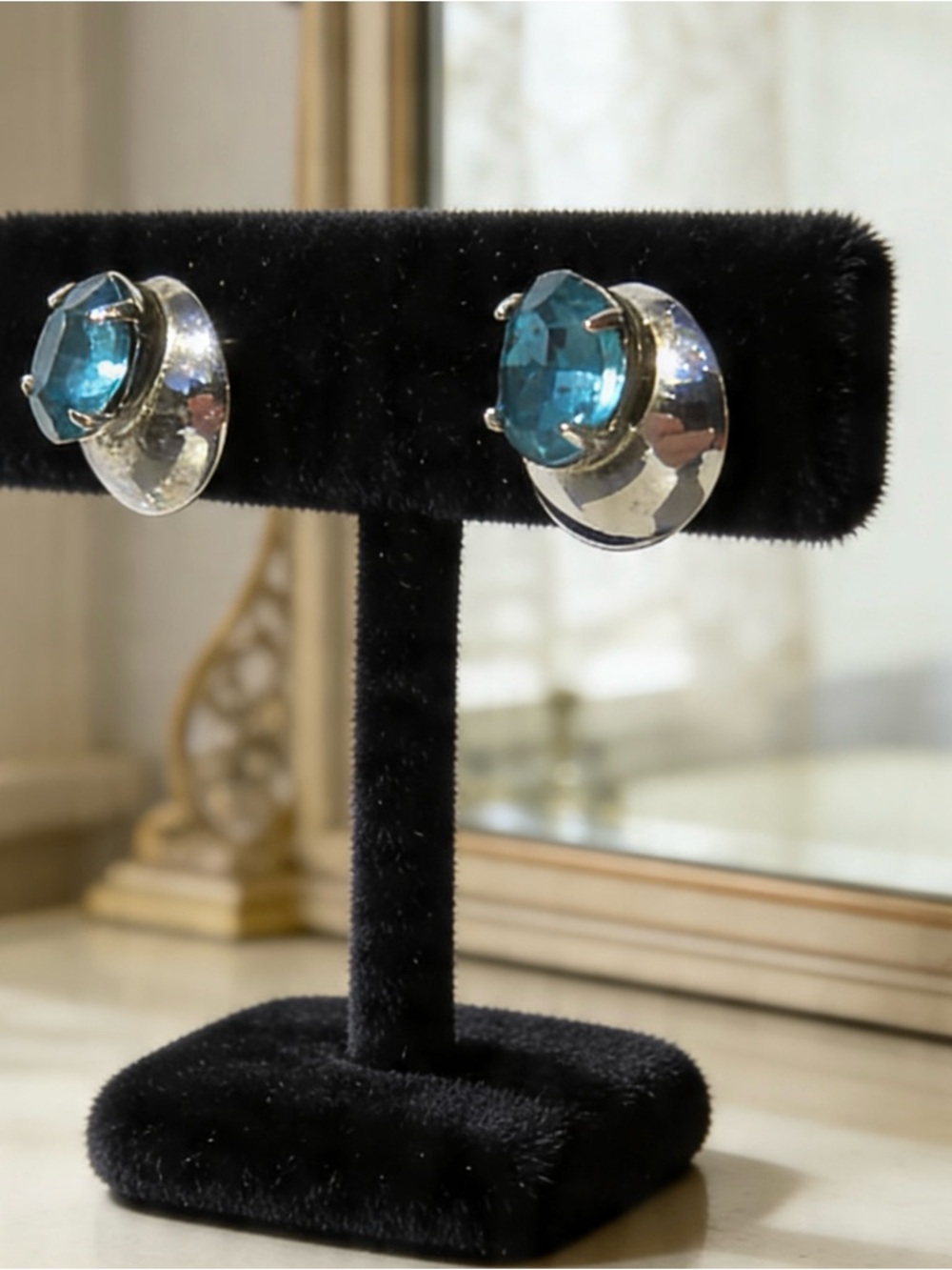 Vintage Bond Boyd Sterling Blue Rhinestone Earrings Screw Back 1940s Signed